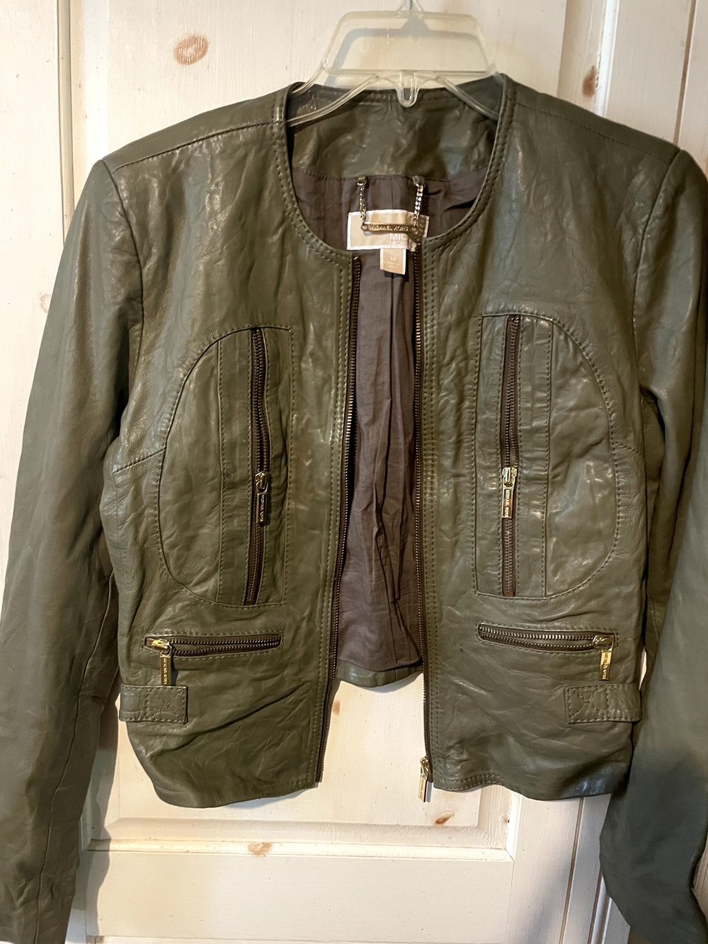 Michael Kors Olive Leather Zip-Front Jacket with Gold Hardware